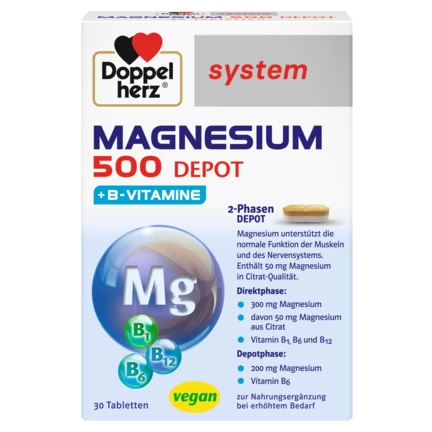 Abbildung der Produktverpackung Doppelherz system MAGNESIUM 500 DEPOT Frontansicht